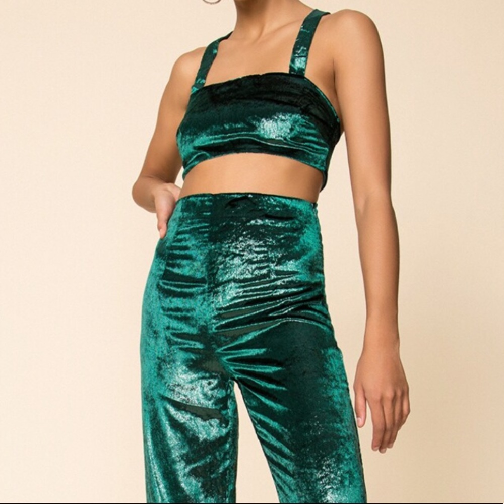 superdown Emerald Green Velvet Crop Top & High-Waist Pants Set